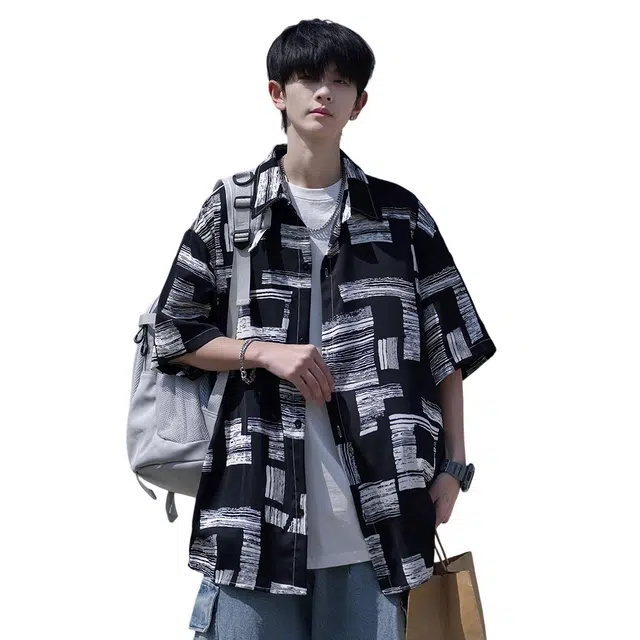 拾个壹先生 港风宽松潮牌半袖短袖衬衣休闲翻领上衣外套衬衫 男女同款