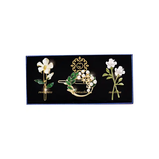 妖娆猫 小清新森系复古甜美珍珠刘海夹礼盒优雅时尚造型感气质金属发饰日常通勤三件套 合金 发夹 女款