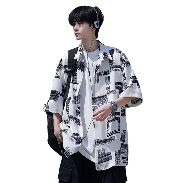 拾个壹先生 港风宽松潮牌半袖短袖衬衣休闲翻领上衣外套衬衫 男女同款