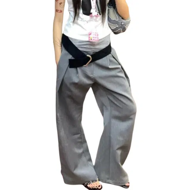 冈哉 美式潮流透气直筒西裤个性户外压褶抽褶设计机能风凉感亲肤无性别主义阔腿拖地时尚百搭日常通勤长裤休闲裤  男女同款