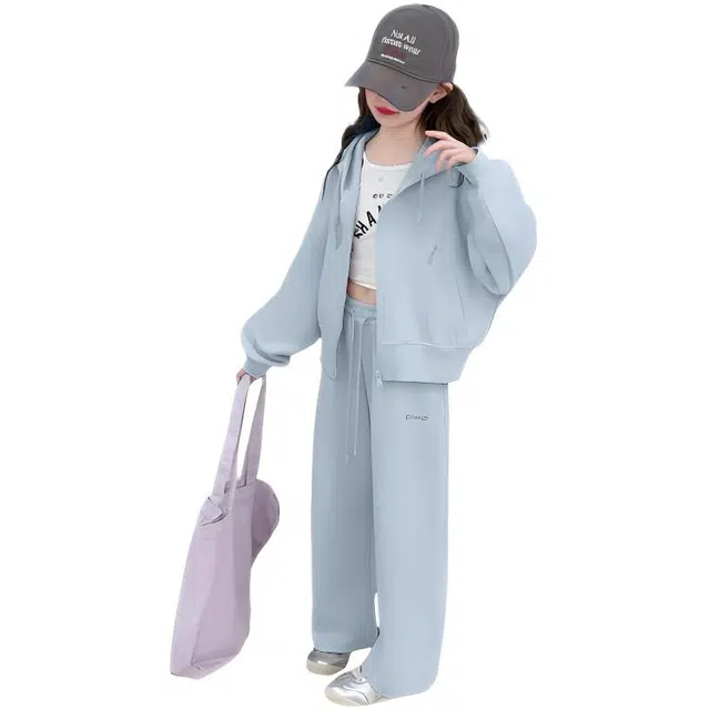 比比我休闲运动套装  女童春秋季连帽拉链衫弯刀裤大童潮牌小孩衣服 小女孩长袖洋气时髦 舒适帅气轻便