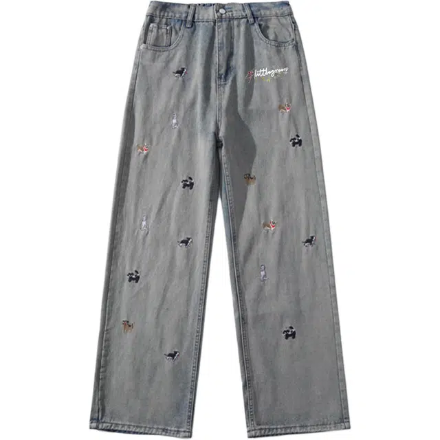 虫小绿 美式复古高街时尚卡通趣味小狗刺绣水洗宽松舒适直筒百搭长裤运动休闲牛仔裤 男女同款