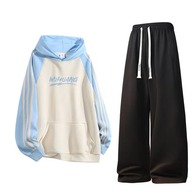 吾皇猫 美式潮牌学院风手绘字母印花设计百搭时尚宽松直筒基础款抽绳户外 休闲运动套装 男女同款