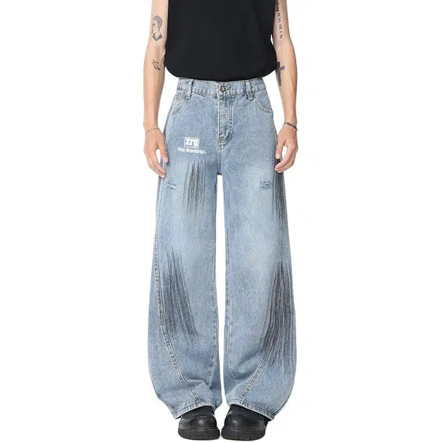 梓润格 美式 复古泼墨破洞小众设计感裤夏季宽松潮牌街头潮流阔腿裤基础简约时尚百搭居家通勤休闲裤牛仔裤 男女同款