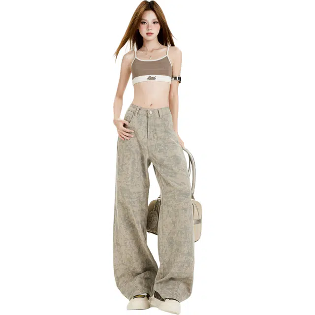 拾籍 美式复古设计宽松剪裁扎染时尚百搭直筒版型牛仔裤 女款