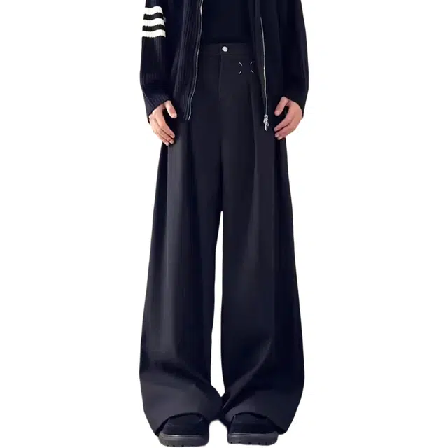 冈哉 美式高街纯色褶皱弯刀设计简约时尚西装长裤宽松阔腿百搭透气舒适垂感慵懒风拖地休闲裤 男女同款