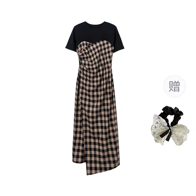 涂诗菲 大码法式设计感复古高级拼接格子假两件时尚百搭撞色短袖连衣裙 女款