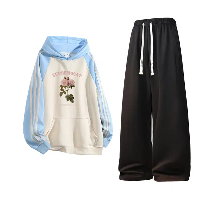 吾皇猫 复古植物花卉玫瑰印花设计撞色条纹拼接插肩连帽百搭基础款直筒抽绳通勤 休闲运动套装 男女同款