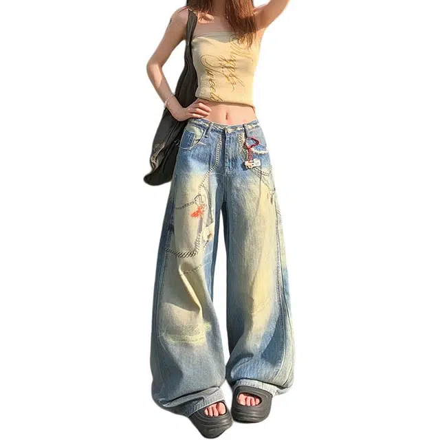 如续 美式复古宽松阔腿女设计感高腰时尚潮流牛仔裤 女款