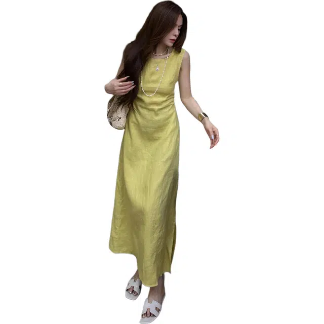 沐晓欣 法式气质圆领收腰镂空中长款显瘦开叉裙子无袖连衣裙 女款