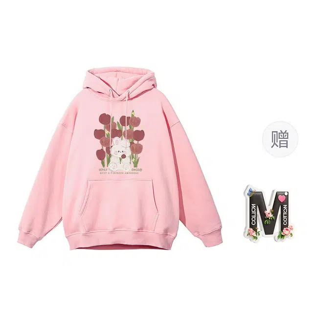 棉购 基础款可爱风连帽上衣学生卡通休闲时尚潮流百搭宽松绒衫加绒加厚慵懒风卫衣 女款