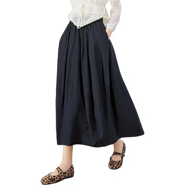 她池 高腰花苞裙通勤简约宽松款松紧腰中长款休闲长裙 女款