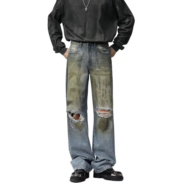 帝狼牛 美式复古高街水洗做旧染色磨破破洞小众设计感宽松直筒休闲百搭高级感牛仔裤 男女同款