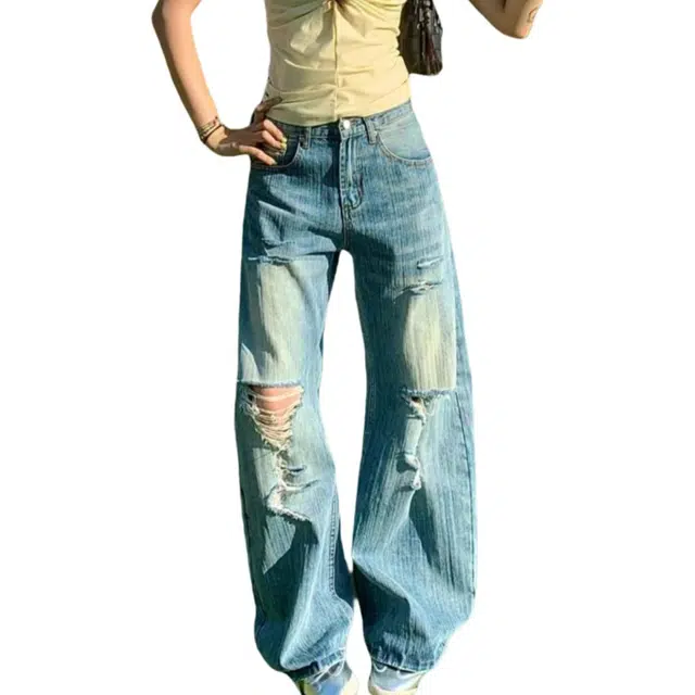 冈哉  美式潮流潮牌个性复古嘻哈宽松百搭高街做旧手工磨洞经典简约无性别主义垂感日常通勤休闲牛仔裤 男女同款