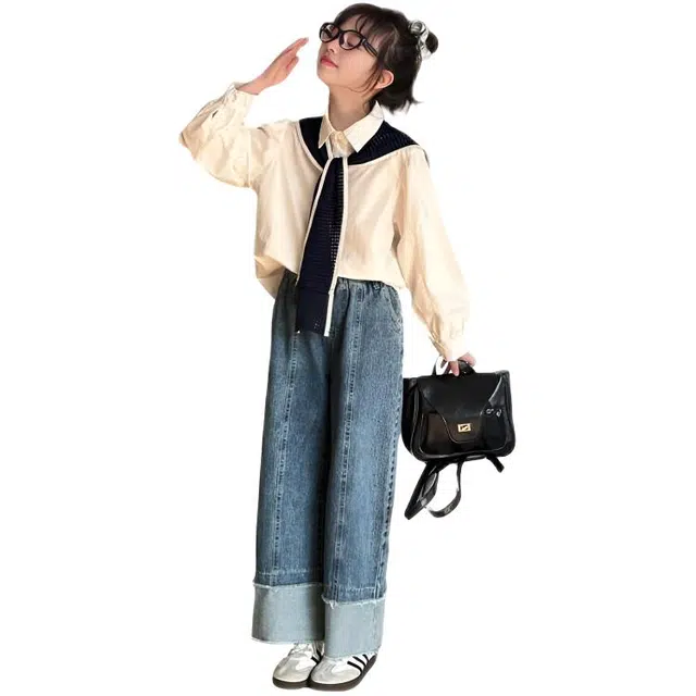 比比我休闲运动套装  女童春秋季白衬衫大童潮牌小孩衣服 小女孩长袖洋气时髦 舒适帅气轻便