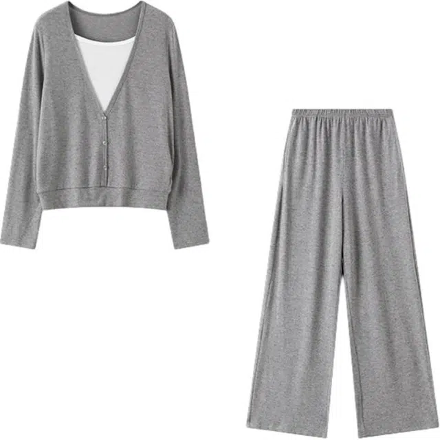 潞优野 轻盈雅致灰宽松通用百搭女装时尚别致针织开衫休闲套装 女款