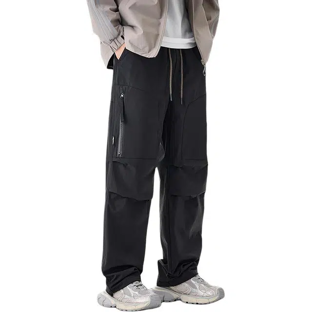前进牛 美式复古潮牌工装情侣户外山系口袋拉链褶皱高街阔腿直筒休闲裤 男女同款