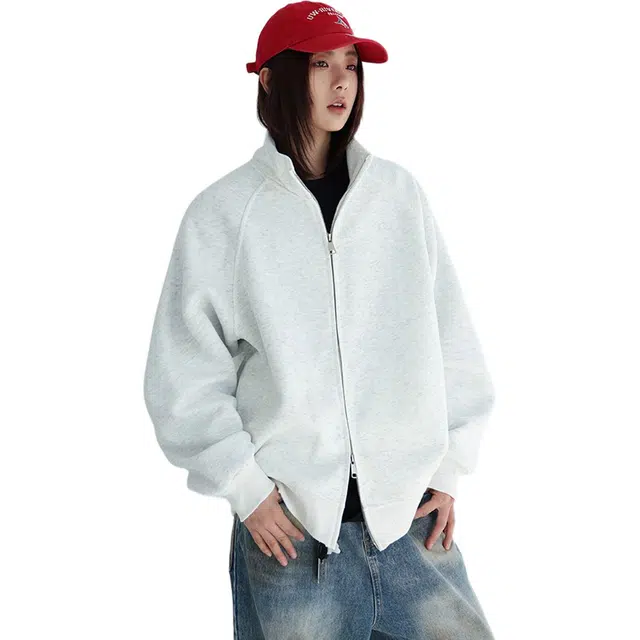 徐百货 重磅立领夹克外套潮牌美式宽松高级感运动基础款纯色百搭双拉链开衫卫衣 男女同款