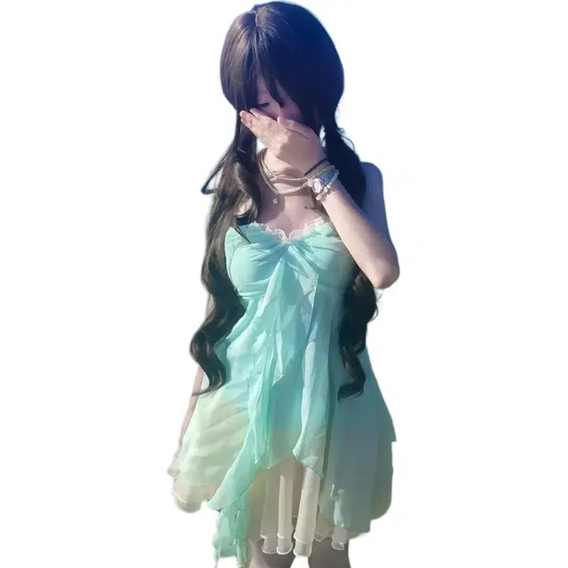 黛尔佳人 小个子甜美清新显白吊带+蓬蓬裙短裙两件套女裙装套装 女款