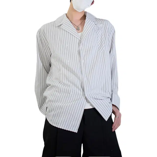 冈哉 美式潮流个性双排扣垂感凉感透气时尚竖条纹简约舒适基础款痞帅衬衣慵懒感外套长袖上衣宽松翻领纽扣衬衫  男女同款