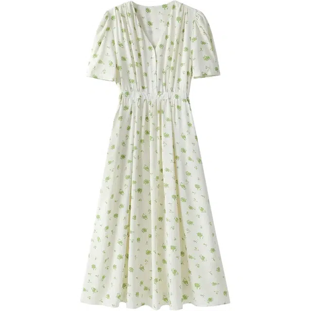 花蔓色 夏季复古法式初恋风收腰碎花中长微胖大码裙短袖连衣裙 女款