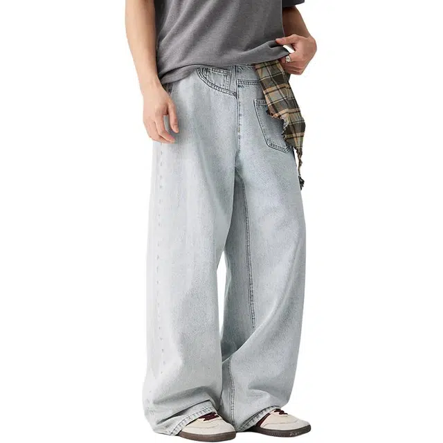 潮人榜 前卫倒装版型设计长裤男士宽松直筒垂感夏季美式复古错位拼接牛仔裤 男女同款