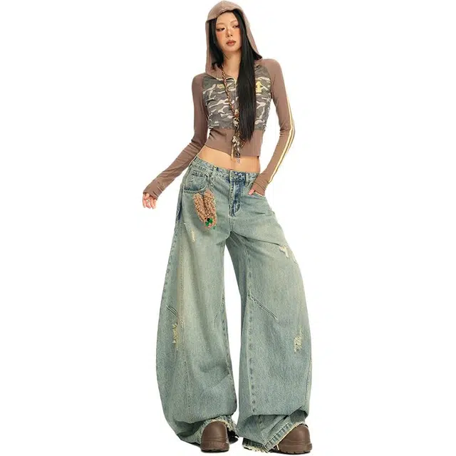 拾籍 复古解构设计感宽松水洗做旧裤子女秋季高街时尚弯刀阔腿牛仔裤 女款