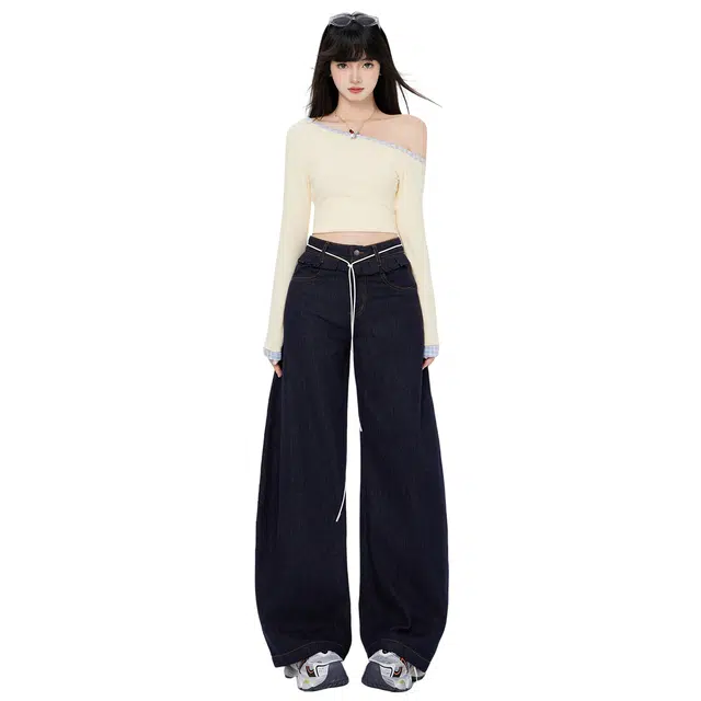 玫丝朵 美式复古拼接设计感高腰宽松显瘦垂感拖地阔腿牛仔裤 女款