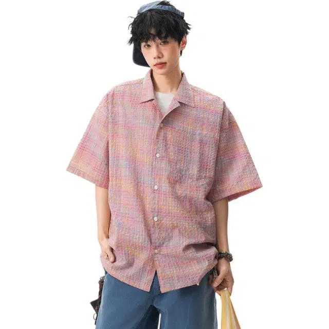 金盾 情侣设计感小众外套泡泡纱美式潮牌格短袖衬衫 男女同款