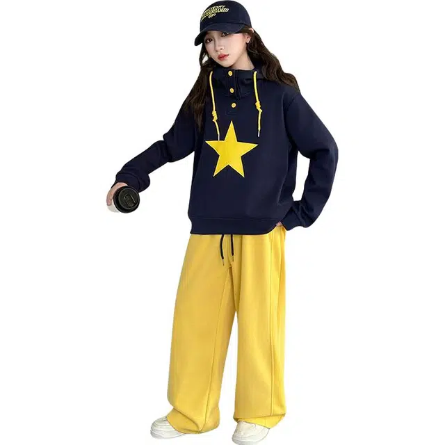 帕兰朵休闲运动套装 潮流洋气时尚五角星连帽拼色两件套 青少年