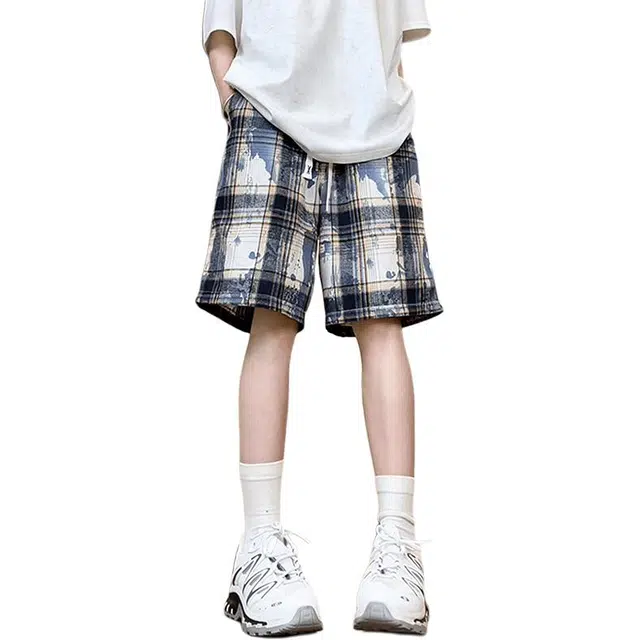 黑马漫画 美式扎染格子裤男款夏外穿休闲短裤 男女同款