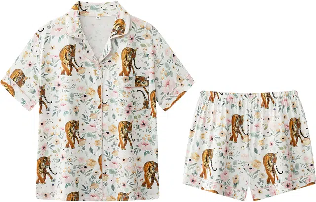 宫蝶 短袖舒适家居服满印休闲大码三分裤睡衣套装 女款