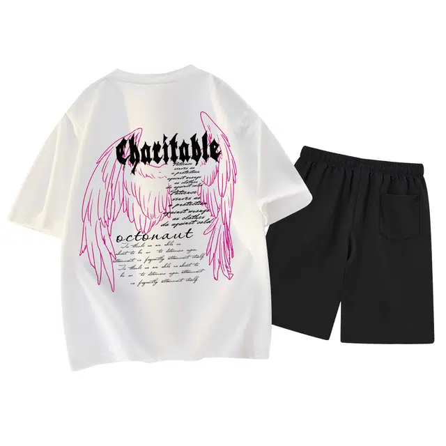 海底小纵队 美式街头高街嘻哈手绘哥特大翅膀字母印花时尚圆领重磅纯棉户外打底衫垂感百搭纯色直筒系带五分裤休闲运动套装 男女同款