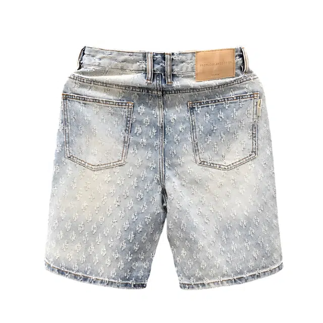 泡泡陷阱 美式夏季抓烂破洞设计薄款直筒潮流休闲宽松牛仔短裤 男女同款