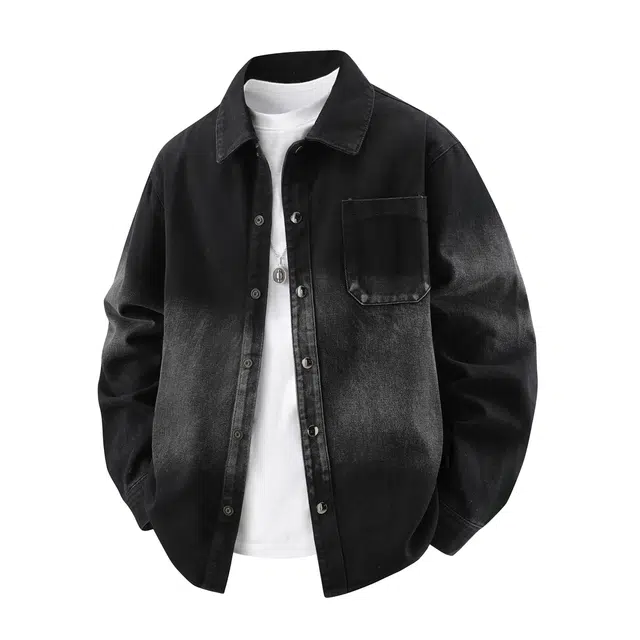 快鱼 美式复古渐变水洗做旧耐磨时尚夹克高街宽松休闲翻领简约直筒百搭长袖牛仔外套 男女同款