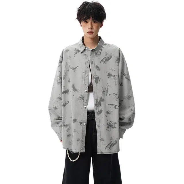 金盾 春秋季情侣款扎染宽松长袖衬衫 男女同款