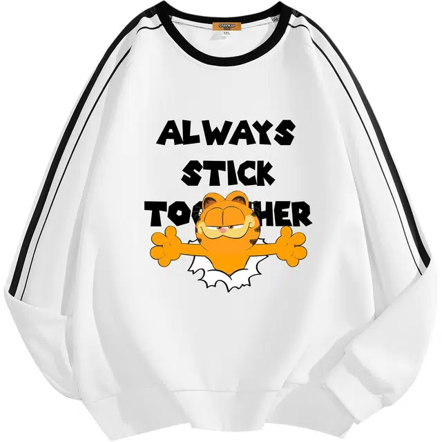 加菲猫家族 美式学院风卡通漫画字母印花基础款条纹撞色柔软舒适亲肤内搭打底衣潮流百搭痞帅中性风宽松休闲长袖圆领卫衣 男女同款