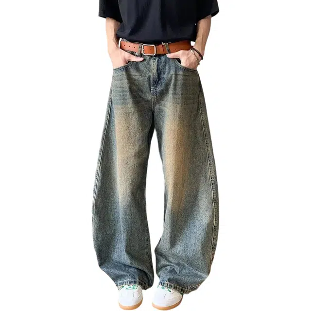 冈哉 美式复古做旧弯刀宽松阔腿设计时尚潮流无性别主义日常通勤户外百搭牛仔裤 男女同款