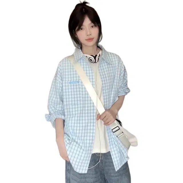 黛尔佳人 韩系设计感小众格子女防晒外套薄款宽松春夏秋潮牌长袖衬衣衬衫 女款