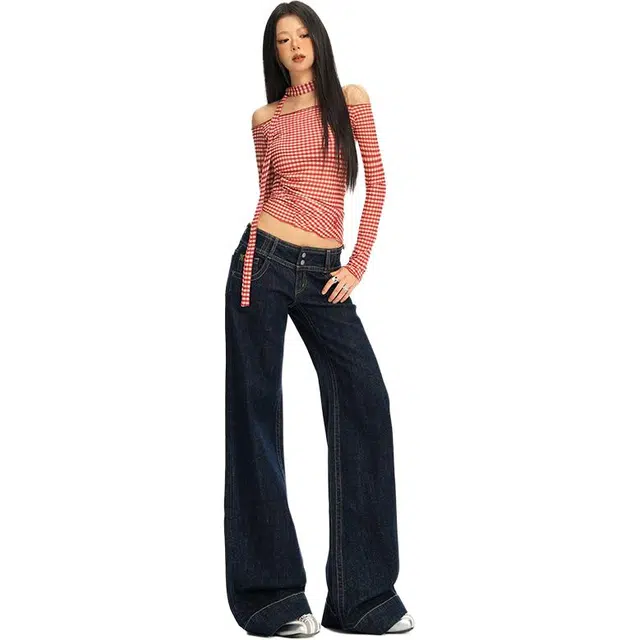 拾籍 设计感辣妹低腰双扣撞色修身显瘦微喇牛仔裤 女款