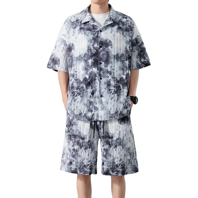 金盾 夏季沙滩扎染冰丝短袖衬衫舒适简约百搭短裤休闲运动套装 男款