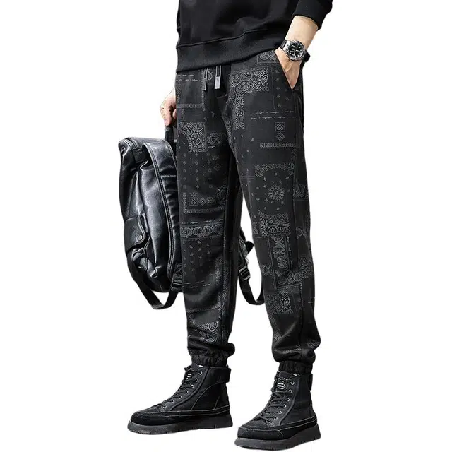 前进牛 阿美咔叽潮牌高街机能高端民族风印花重磅麂皮绒运动卫裤宽松休闲裤 男女同款