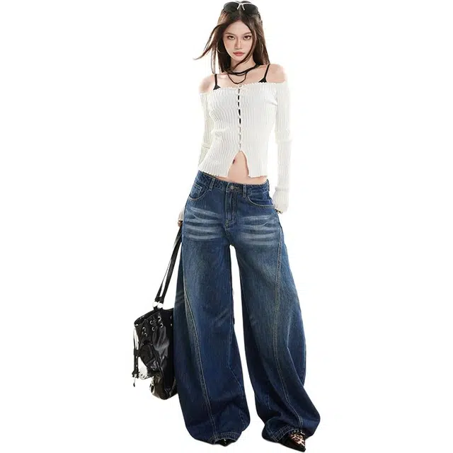拾籍 美式复古立体裁剪秋冬时尚潮流宽松显高显瘦弯刀阔腿牛仔裤 女款