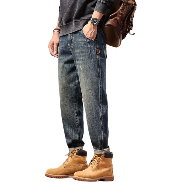 协协乐 美式复古做旧水洗秋冬季宽松直筒百搭锥形萝卜裤设计感青少年通勤九分裤牛仔裤 男款