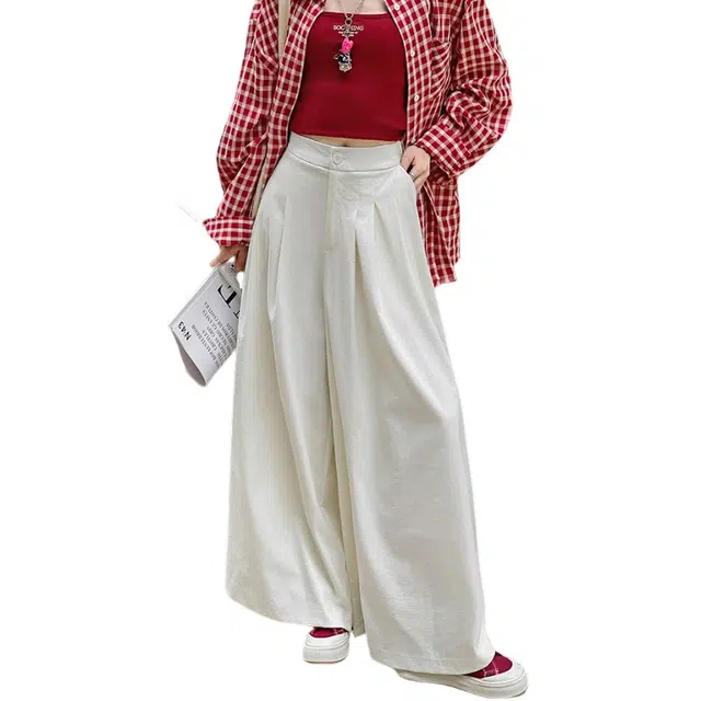 丝絮丝绸 阔腿裤高腰垂感简约宽松通勤纯色休闲裤 女款