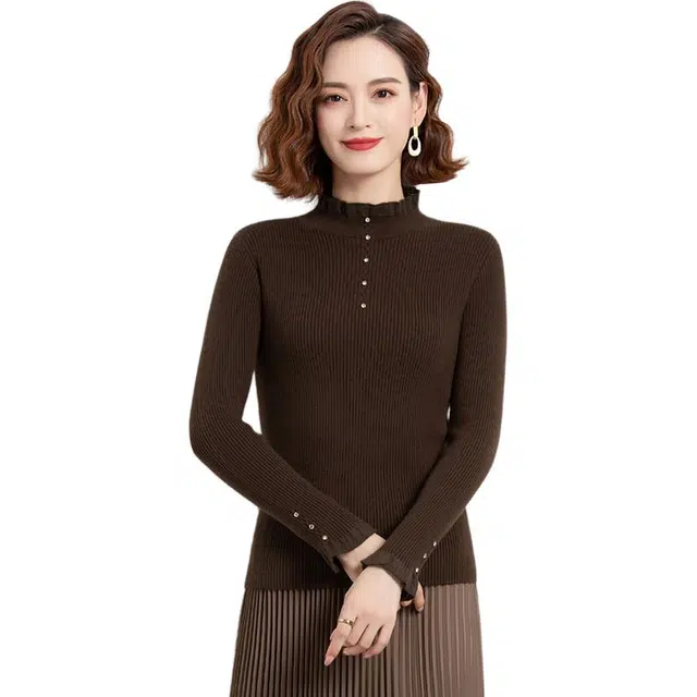 恒源祥 修身显瘦纯色木耳花边半高领长袖针织衫 女款