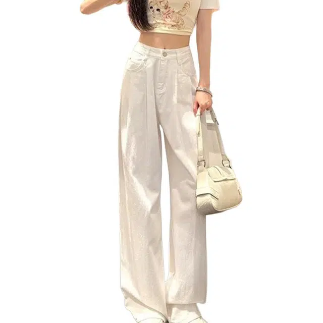 么宁 垂感百搭拖地阔腿褶皱高腰宽松小个子显高显瘦遮肉休闲裤 女款