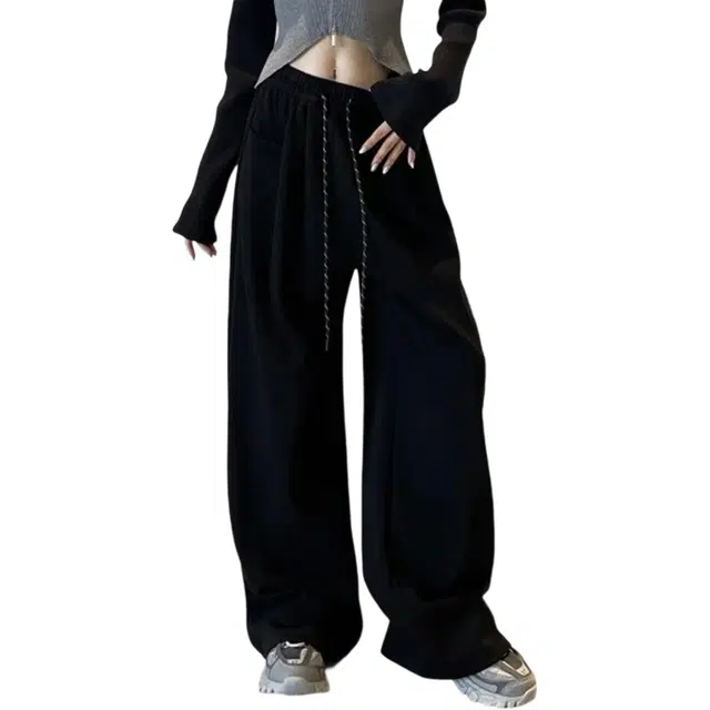 冈哉 美式高街纯色简约基础款彩绳抽绳系带设计潮牌宽松直筒弹力百搭垂坠感阔腿休闲裤 男女同款