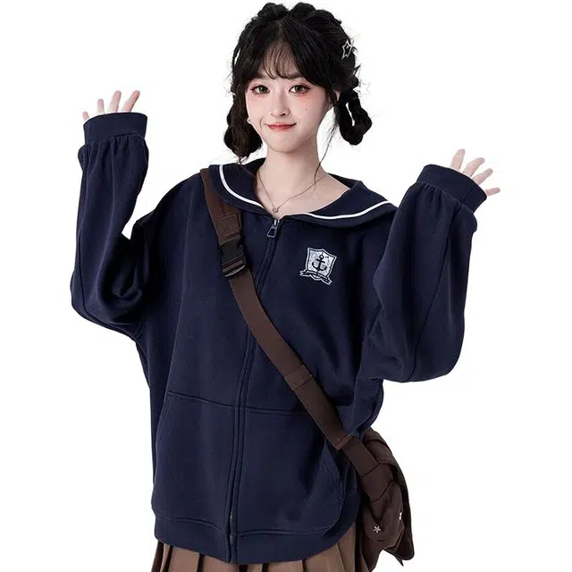 邓大喵 学院风外套女春秋甜美小个子水手领刺绣拉链开衫卫衣 女款