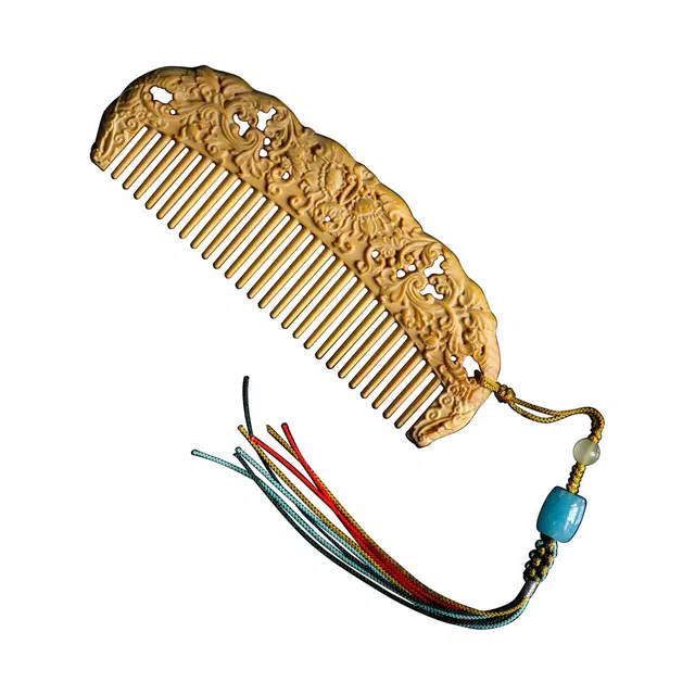 【西番莲纹】 芳缘小傅 招财纳福复古国风高品质高档长发专用养发防脱静电家用大号加厚梳子 #好运 黄杨木 木梳 男女同款情侣款